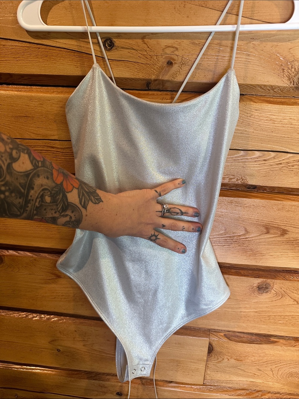 wild fable Silver Shimmer Cowl Neck Bodysuit with Spaghetti Straps
